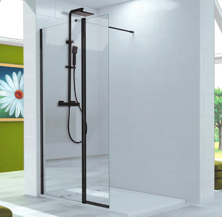 Polaris — Panel fijo de ducha 8 mm + puerta abatible 6 mm (walk-in, apertura interior y exterior)