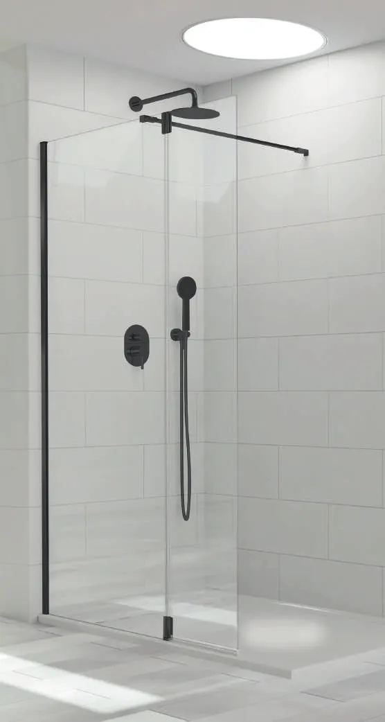 Tutti — Panel fijo de ducha + puerta abatible con bisagras acero inox (walk-in, apertura interior y exterior)