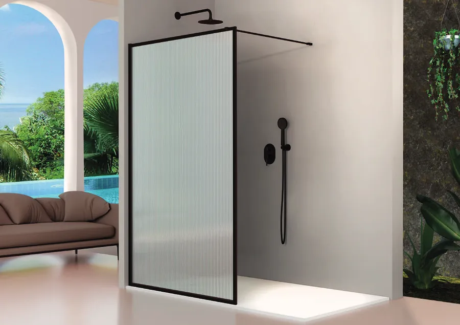 Fresh — Panel fijo de ducha Fresh FR103 con vidrio templado acanalado (Negro Mate)