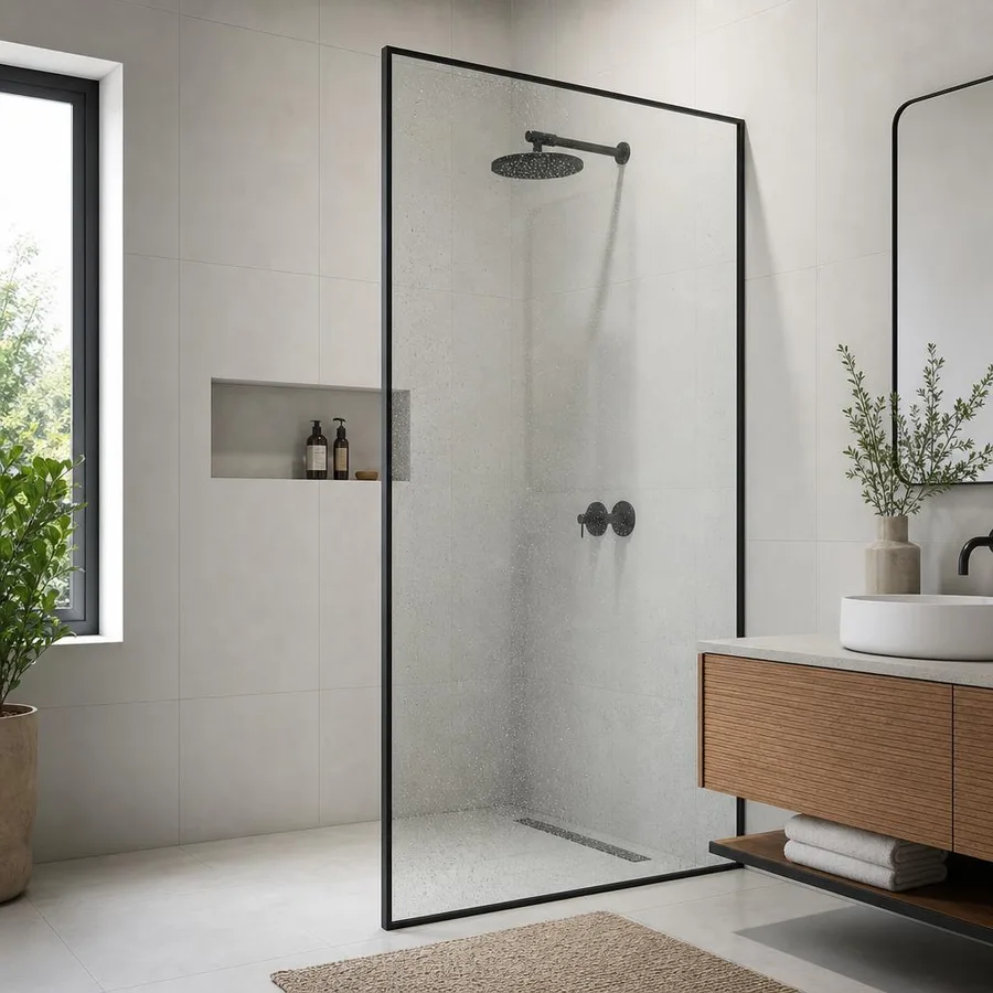 Panel fijo walk-in sin perfilería, diseño minimalista